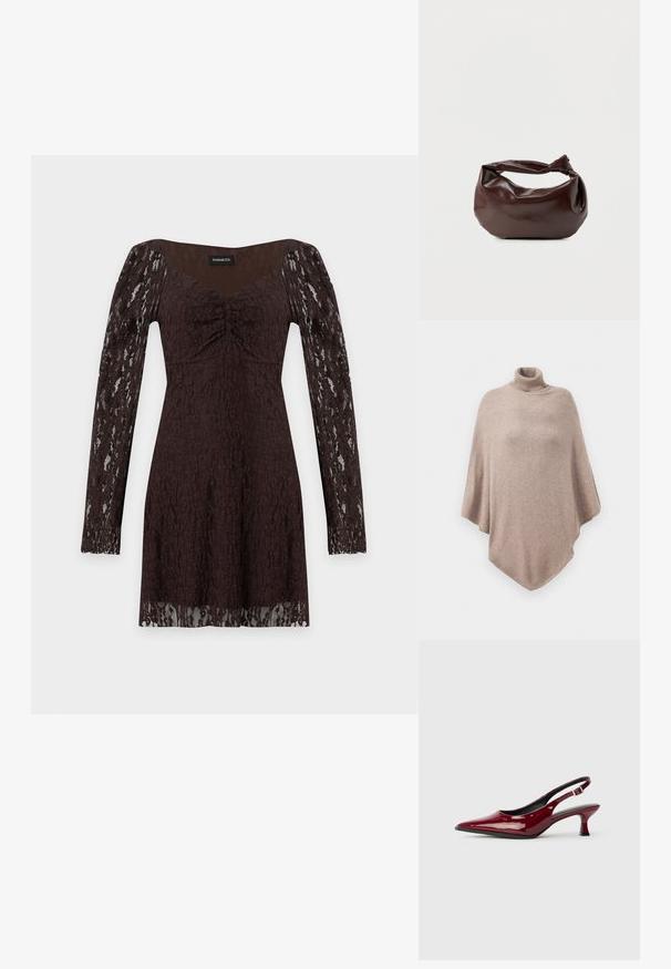 Brauner Wollponcho mit hohem Rippkragen, der ein lockeres, fließendes Design und einen spitzen Saum an der Vorder- und Rückseite aufweist.; Dunkelbraunes Spitzenkleid mit langen Ärmeln, geraffter Brustpartie und halbtransparenten Spitzenärmeln und Saum vor weißem Hintergrund.; Burgunderfarbene Lackleder Slingback-Absätze mit spitzem Zehenbereich und schlankem Stiletto-Absatz. Offenes Rückendesign mit verstellbarem Knöchelriemen.; Dunkelbraune Lederschultertasche mit weicher, lockerer Form und einem gedrehten Knotengriff vor schlichtem weißem Hintergrund.