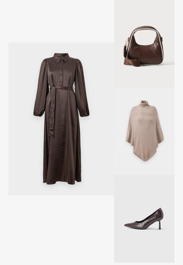 Brauner Wollponcho mit hohem Rippkragen, der ein lockeres, fließendes Design und einen spitzen Saum an der Vorder- und Rückseite aufweist.; Braunes Satinlangkleid mit Kragen, Knopfverschluss vorne, puffärmeligen langen Ärmeln und einem passenden Gürtel in der Taille. Glatte Textur, Maxi-Länge.; Braune Pumps mit spitz zulaufender Spitze aus Kunstleder in Krokodiloptik, mit schlankem, eckigem Absatz und glatter Innenfütterung.; Braune gewebte Lederhandtasche mit weißer Paspel, goldenem Reißverschluss und abnehmbarem braunem Stoff-Schulterriemen.