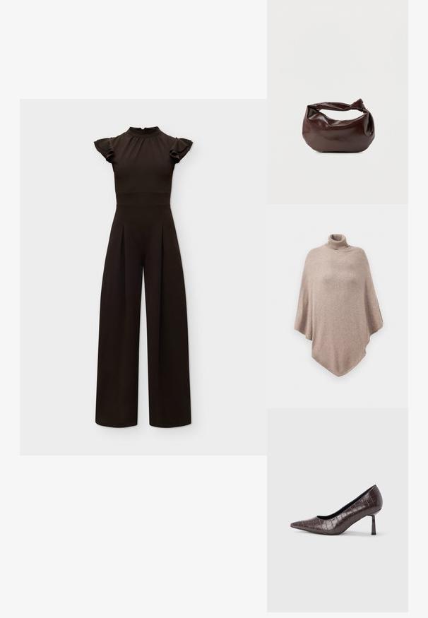 Brun uld poncho med en høj ribbet halsudskæring, der har et løst, flydende design og en spids kant forrest og bagest.; Sort jumpsuit med høj hals og korte, flæseærmer, figursyet talje og bukser med vide ben mod en ensfarvet lys baggrund.; Brune kunstlæder stiletter med spidse tæer og krokodilletekstur, der har en slank, vinklet hæl og en glat inderside.; Mørkebrun læder skuldertaske med en blød, afslappet form og et snoet knudehåndtag på en ensartet hvid baggrund.