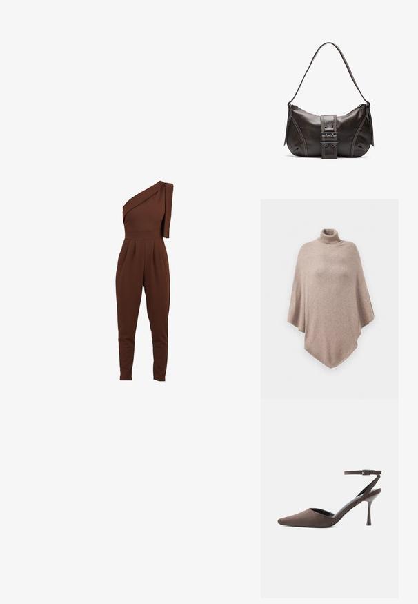 Brun uld poncho med en høj ribbet halsudskæring, der har et løst, flydende design og en spids kant forrest og bagest.; Brun en-skulder jumpsuit med draperet stofdetalje, tapered ben og plisseret front. Fremstillet af et blødt, strækbart materiale.; Brun ruskindspointetrukket højhælet sko med tynd ankelrem og sølvspænde på hvid baggrund.; Brun læder skuldertaske med en buet form, der har et fremtrædende spænde, kontrasterende syninger og en enkelt skulderrem.