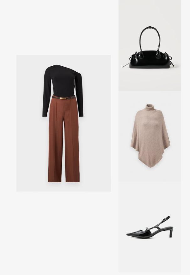 Brauner Wollponcho mit hohem Rippkragen, der ein lockeres, fließendes Design und einen spitzen Saum an der Vorder- und Rückseite aufweist.; Schwarzes asymmetrisches Langarmshirt kombiniert mit hoch taillierter, weit geschnittener brauner Hose und einem schwarzen Gürtel mit goldener Schnalle.; Schwarzer Slingback-Schuh aus Lackleder mit spitzer Kappe, niedrigem Absatz und zwei verstellbaren Schnallenriemen, seitlich dargestellt.; Kleine schwarze glänzende Handtasche mit zwei langen Griffen und seitlichen Kordelzug-Details vor einfachem hellem Hintergrund.