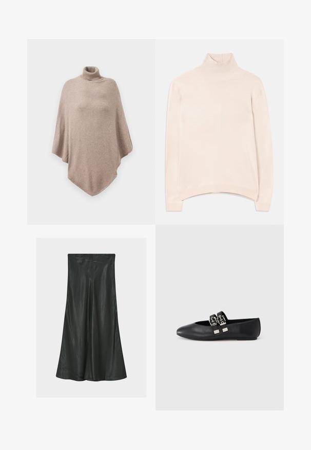 Brun uld poncho med en høj ribbet halsudskæring, der har et løst, flydende design og en spids kant forrest og bagest.; Lyserød langærmet turtleneck sweater med ribbet krave og kant, med en afslappet pasform og blød, glat tekstur.; Sort plisseret nederdel med en glat, skinnende tekstur, knælængde, med høj talje og en A-formet silhuet.; Sort flad sko i læder med spids snude og to sølvfarvede spænder over vristen, fotograferet mod en ensartet lys baggrund.