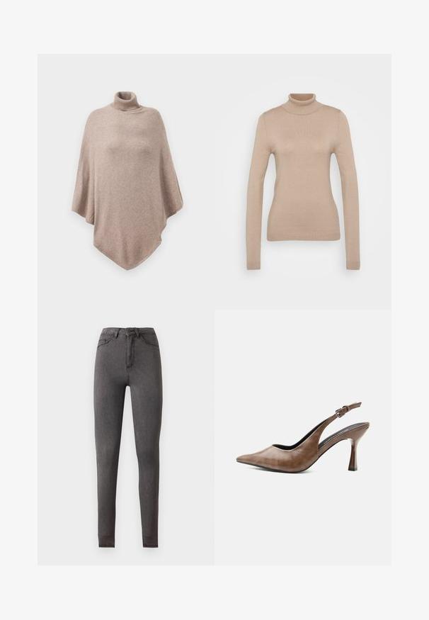 Ruskea villaponcho, jossa on korkea ribbikaulus, löysä ja virtaava malli sekä kärkitaita edessä ja takana.; Beige turtleneck neulepaita, joka on valmistettu pehmeästä neulekankaasta. Siinä on pitkät hihat, istuva malli sekä ribbireunukset kauluksessa ja helmassa.; Korkeavyötäröiset, slim fit -malliset tummanharmaat denimpöksyt etu- ja takataskuilla, napillinen suljenta ja näkyvät ompelusaumat.; Ruskea korkokengät, joissa on kiilanmuotoinen kärki, säädettävä solkihihna ja hoikka kapeneva korko.