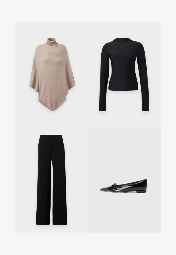 Brun uld poncho med en høj ribbet halsudskæring, der har et løst, flydende design og en spids kant forrest og bagest.; Sort langærmet top lavet af glat tekstil, med et perforeret mønster over hele overfladen og en simpel rund halsudskæring.; Sorte bukser med vidde i benene, lavet af blødt stof med elastisk talje, kendetegnet ved et enkelt design uden synlige mønstre eller detaljer.; Sorte patentlæder flade sko med spids tå, lille dekorativ rem og lav blokhæl. Glat tekstur og strømlinet design.