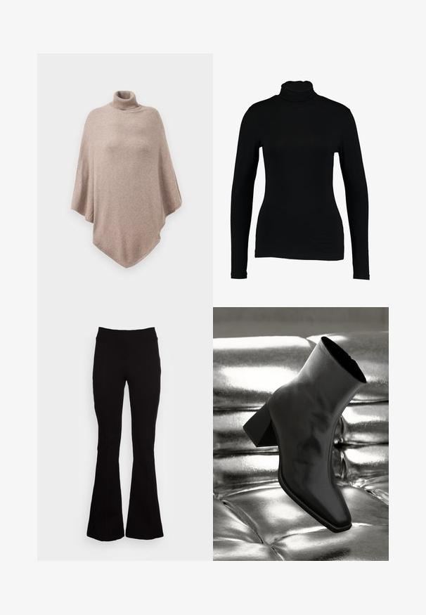 Brauner Wollponcho mit hohem Rippkragen, der ein lockeres, fließendes Design und einen spitzen Saum an der Vorder- und Rückseite aufweist.; Schwarzes Langarm-Turtleneck-Top aus glattem Stoff, mit taillierter Passform und hohem Kragen, geeignet zum Layering oder als eigenständiges Kleidungsstück.; Schwarze ausgestellte Hose aus dehnbarem Stoff mit hohem Bund. Verfügt über Nahtdetails, glatte Textur und ausgestellte Beine.; Schwarzer Knöchelstiefel aus glänzendem Material mit quadratischer Zehenform und verjüngtem Absatz, vor einem glänzenden silbernen gepolsterten Hintergrund.