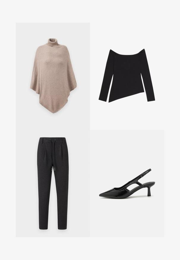 Bruine wollen poncho met een hoge ribbelkraag, voorzien van een losse, vloeiende ontwerp en een spitse zoom aan de voorkant en achterkant.; Zwarte off-shoulder top met lange mouwen, voorzien van een geribbelde textuur en een asymmetrische zoom, die een aansluitend ontwerp en zachte stof presenteert.; Donkergrijze broek met een krijtstreeppatroon, voorzien van een koordsluiting in de taille, geplooide voorkant en taps toelopende benen. Gemaakt van geweven stof.; Zwarte slingback hakken met een spitse neus, gemaakt van glanzend materiaal, met uitsnijdingen en een gematigde hak voor ondersteuning.