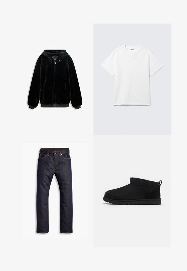 Zwarte nepbont jas met een capuchon, ritssluiting aan de voorkant, geribbelde manchet en zoom. Zachte textuur, losse pasvorm en minimalistisch ontwerp.; Witte T-shirt met korte mouwen en ronde hals, plat gelegd, effen ontwerp, met een "WEEKDAY" label in de kraag op een lichte achtergrond.; Donkerblauwe recht gesneden denim jeans met vijf zakken en oranje contrasterende stiknaden, plat gelegd op een witte achtergrond.; Zwarte suède enkellaarsjes met een zachte, gestructureerde voering, een lage rubberen zool en een lus aan de achterkant voor gemakkelijk aantrekken.