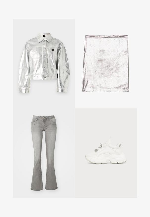 Veste en jean cropped argent métal avec manches longues, deux poches avant, fermeture à boutons et écusson de marque sur la poitrine gauche.; Tissu argenté métallique avec une texture lisse et un léger éclat. Forme rectangulaire, bords soigneusement cousus, sans motifs ou accents marquants.; Jeans gris évasés avec une taille mi-haute, poches avant et fermeture à bouton, fabriqués en denim avec une texture lisse.; Baskets blanches épaisses avec semelle épaisse, devant à lacets, décorations en étoile argentée et perles sur les lacets et la languette du talon.