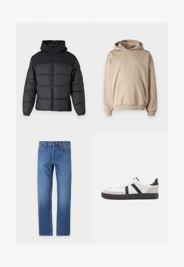 Chaqueta acolchada negra con capucha, con cierre de cremallera en la parte delantera, puños elásticos y un diseño acolchado. La parte superior es de tejido liso.; Sudadera con capucha beige, tejido suave, corte holgado, bolsillo canguro, puños y bajo acanalados, diseño minimalista, textura suave.; Jeans de mezclilla azul con corte recto, diseño clásico de cinco bolsillos, costuras de cobre y un acabado deslavado para un aspecto usado.; Zapatilla blanca con acentos en negro y gris, que presenta una puntera texturizada en gris, suela de goma negra y cordones planos blancos. Diseño limpio, estilo minimalista.