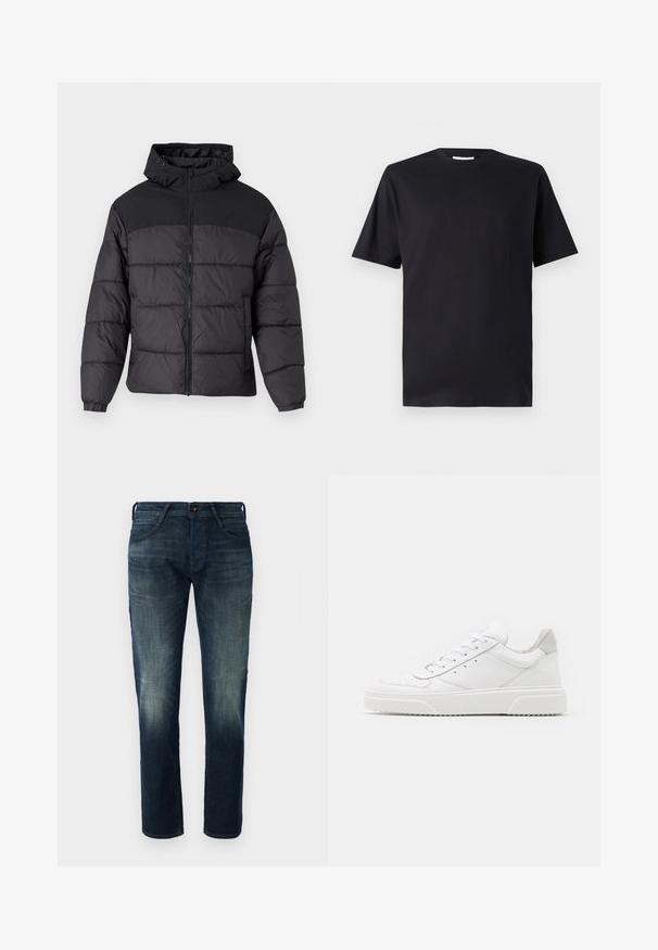 Chaqueta acolchada negra con capucha, con cierre de cremallera en la parte delantera, puños elásticos y un diseño acolchado. La parte superior es de tejido liso.; Camiseta negra de manga corta hecha de algodón, con cuello redondo y corte clásico, sin ningún estampado ni marca visible.; Vaqueros de mezclilla en azul oscuro de pierna recta con un ligero desgastado en los muslos y las rodillas, cierre frontal con botón y cremallera, y estilo de cinco bolsillos.; Zapatillas de cuero blanca con un acabado suave, punta redondeada, cordones planos y una suela texturada. Acento de ante gris en el talón.