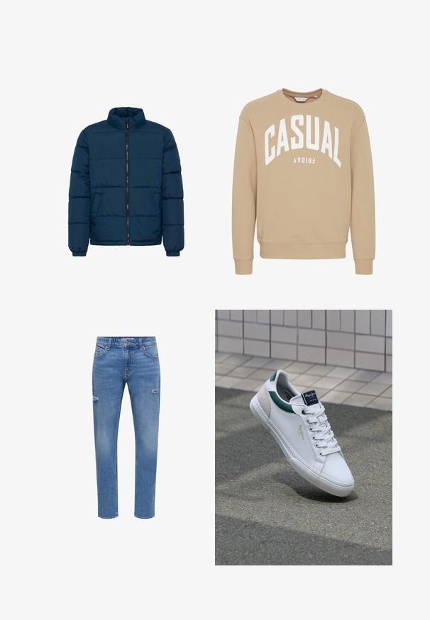Laivastonsininen puhvijakku, jossa on korkea kaulus, vetoketjullinen etuosa, kaksi sivutaskua ja vaakasuorat ompeleet eristystä varten. Silkkinen kankaan pinta.; Beige collegepaita, jossa valkoinen "CASUAL FRIDAY" -painatus. Varustettu pyöreällä kaula-aukolla ja ribbidykkisillä hihoilla. Valmistettu pehmeästä, tekstuuripinnasta.; Miesten siniset farkut, joissa kapea istuvuus, kulutusta reisissä, viiden taskun malli ja nappikiinnitys vyötäröllä.; Valkoiset nahkakengät, joissa on vihreitä ja beigejä yksityiskohtia, varustettuna teksturoidulla pohjalla, pyöreällä varvalla ja perinteisellä nauhakiristyksellä.