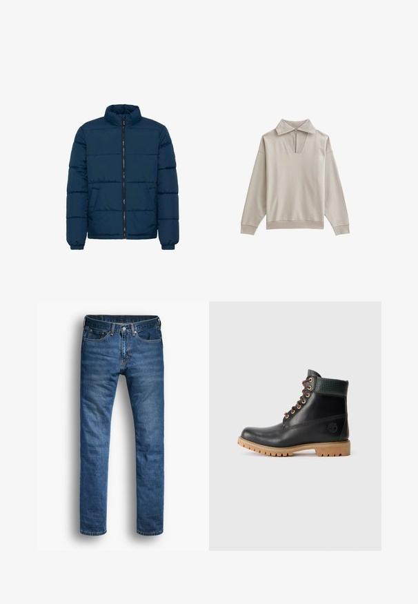 Laivastonsininen puhvijakku, jossa on korkea kaulus, vetoketjullinen etuosa, kaksi sivutaskua ja vaakasuorat ompeleet eristystä varten. Silkkinen kankaan pinta.; New Look REGULAR QUARTER ZIP - Neule - stone; Siniset farkut suorilla lahkeilla. Ominaisuuksiin kuuluu viisi taskua, napillinen kiinnitys sekä saumojen oranssinvärinen kontrastomerkkaus.; Musta nahkasaapas nilkkamittaisella muotoilulla, ruskeilla nauhoilla, pehmustetulla vihreällä kauluksella ja vaaleanruskealla kumipohjalla, jossa on syvät urat, sivuvaade valkoista taustaa vasten.