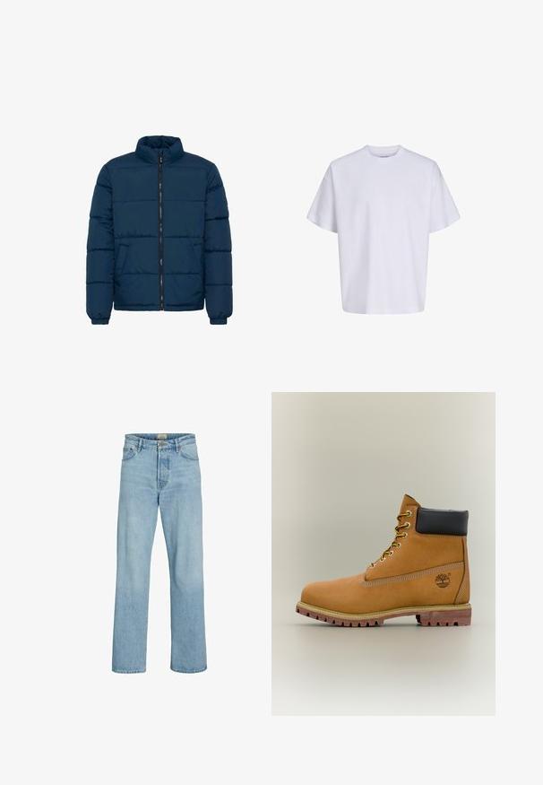 Marineblå pufferjakke med høj krave, lynlåslukning foran, to sidelommer og vandret syning for isolering. Glat stoftekstur.; Simpel hvid oversized t-shirt med korte ærmer, rund hals og løs pasform mod en hvid baggrund.; Lyseblå denimjeans med lige ben, knappelukning og lynlås, for- og baglommer samt bæltestropper.; Brun læderankelstøvle med sort krave, gule snørebånd og tanfarvet sål. Har logo og hvide syninger som detalje. Robust ydersål med greb.