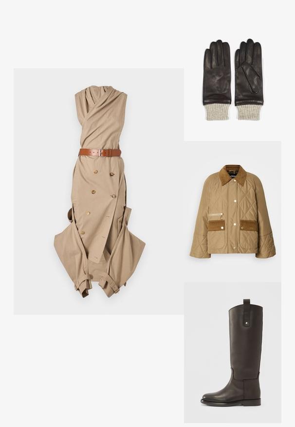 Gestepptes beiges Jackett mit Cordkragen, zwei Fronttaschen und einer Reißverschlusstasche. Mit goldenem Zubehör und einem entspannten Schnitt.; Beiges Wickelkleid mit gerafftem Ausschnitt, Gürtel mit silberner Schnalle, Doppelreihe Knopfdetails und lockeren Ärmeln.; Hohe, dunkelbraune Lederstiefel mit glatter Oberfläche, abgerundeter Spitze und einem kontrastierenden braunen Akzent. Mit einem seitlichen Riemen und einem Metallschnappverschluss.; Braune Lederhandschuhe mit gerippten cremefarbenen Strickbündchen. Sie verfügen über Fingertrennung und eine seitliche Akzentuierung, die eine glatte Textur zeigt.