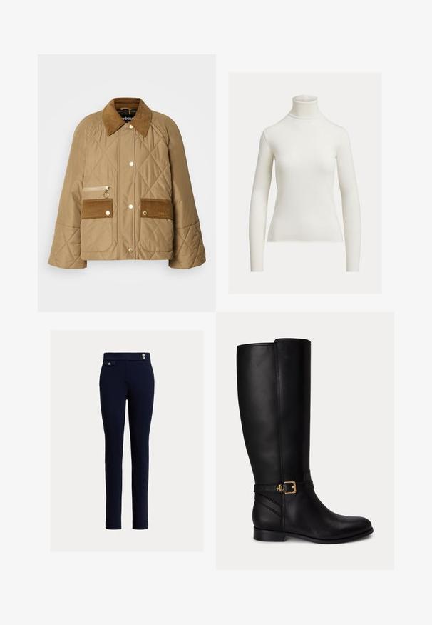 Beige doorgestikte jas met een corduroy kraag, twee voorkruiden en een rits zak. Voorzien van gouden hardware en een relaxte pasvorm.; Trui met lange mouwen, off-white geribde coltrui met een aansluitende silhouet op een effen achtergrond.; Donkerblauwe slim-fit broek met hoge taille, voorzien van decoratieve knopen en een klein flapzakje aan de rechterkant.; Zwarte kniehoge leren laars met lage hak, gouden gesp en klein reliëflogo op de zijriem.
