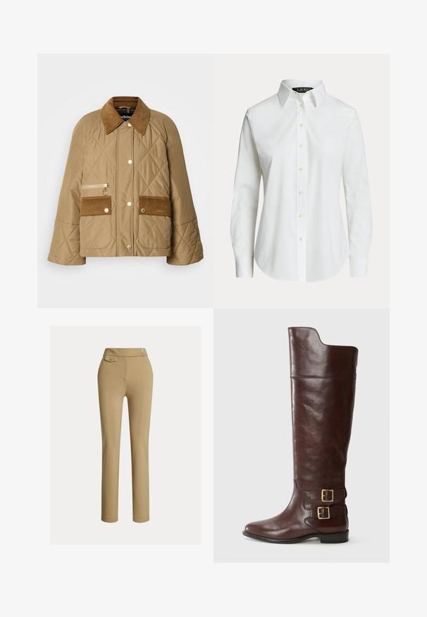 Beige doorgestikte jas met een corduroy kraag, twee voorkruiden en een rits zak. Voorzien van gouden hardware en een relaxte pasvorm.; Wit overhemd met lange mouwen en knopen, met een klassieke kraag en zichtbare knopen aan de voorkant, getoond op een effen achtergrond.; Beige slim-fit vrouwenbroek met hoge taille, twee knopen aan de zijkant en een klein knoopsluiting flapzakje nabij de tailleband.; Bruine leren kniehoge laars met een afgeronde neus, voorzien van twee goudkleurige gespen bij de enkel en een gladde, gepolijste textuur.