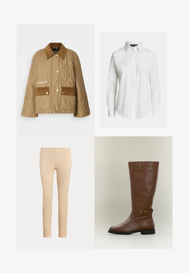 Beige doorgestikte jas met een corduroy kraag, twee voorkruiden en een rits zak. Voorzien van gouden hardware en een relaxte pasvorm.; Witte overhemd met lange mouwen, knopen aan de voorkant, puntige kraag en licht gebogen zoom.; Beige slim-fit enkellange broek met een gladde afwerking en zonder zichtbare zakken of versieringen op een effen achtergrond.; Hoge bruine leren laars met een zijgespsluiting en een lage zwarte zool, gefotografeerd tegen een neutrale achtergrond.