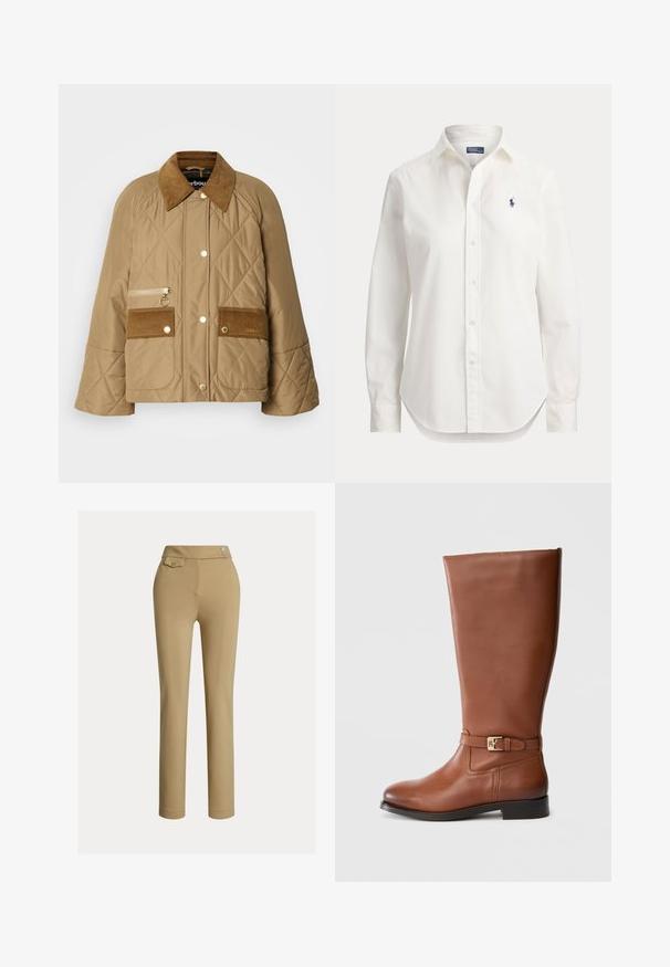 Veste beige matelassée avec un col en velours côtelé, deux poches avant et une poche zippée. Équipée de matériel doré et d'un design décontracté.; Chemise blanche à manches longues avec boutons, col et petit logo bleu d’un joueur de polo sur la poitrine gauche.; Pantalons beiges ajustés avec une texture lisse, taille haute, deux boutons décoratifs et une poche arrière. Design à jambe droite.; Botte haute jusqu'au genou en cuir marron avec un design droit, semelle plate et détail boucle dorée à la cheville. Texture lisse, coutures minimales.