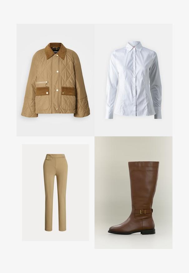 Veste beige matelassée avec un col en velours côtelé, deux poches avant et une poche zippée. Équipée de matériel doré et d'un design décontracté.; Chemise blanche à manches longues, col pointu, design ajusté, en tissu de coton lisse et fermeture à boutons sur le devant.; Pantalons slim beige pour femmes avec taille haute, deux boutons sur le côté et une petite poche à rabat boutonnée près de la taille.; Botte haute en cuir marron avec une bride à boucle latérale et une semelle basse noire, photographiée sur un fond neutre.