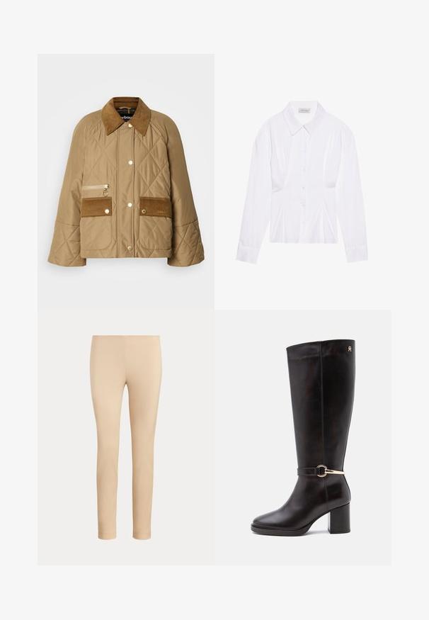 Beige doorgestikte jas met een corduroy kraag, twee voorkruiden en een rits zak. Voorzien van gouden hardware en een relaxte pasvorm.; Witte blouse met lange mouwen en een klassieke kraag, met een sluiting aan de voorkant met knopen en geplooide details aan de zijkant. Glad materiaal met een getailleerde pasvorm.; Beige slim-fit enkellange broek met een gladde afwerking en zonder zichtbare zakken of versieringen op een effen achtergrond.; Zwarte kniehoge leren laars met blokhak en gouden gespsluiting detail nabij de enkel op een effen lichte achtergrond.