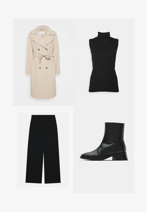 Beige trenchcoat van een gladde stof. Heeft een dubbelzijdige voorkant, brede revers, een ceintuur in de taille en zijzakken.; Zwarte mouwloze turtleneck top van ribstof, met een hoge hals en een getailleerde pasvorm. Gladde textuur met minimale details.; Zwart, wijde broek van een gladde stof. Heeft een plat tailleband met riemlussen en geen zichtbare zakken. Eenvoudig ontwerp.; Zwarte enkelboot van glanzend leer, met een slank ontwerp, spitse neus en een gematigde blokhak voor stabiliteit.