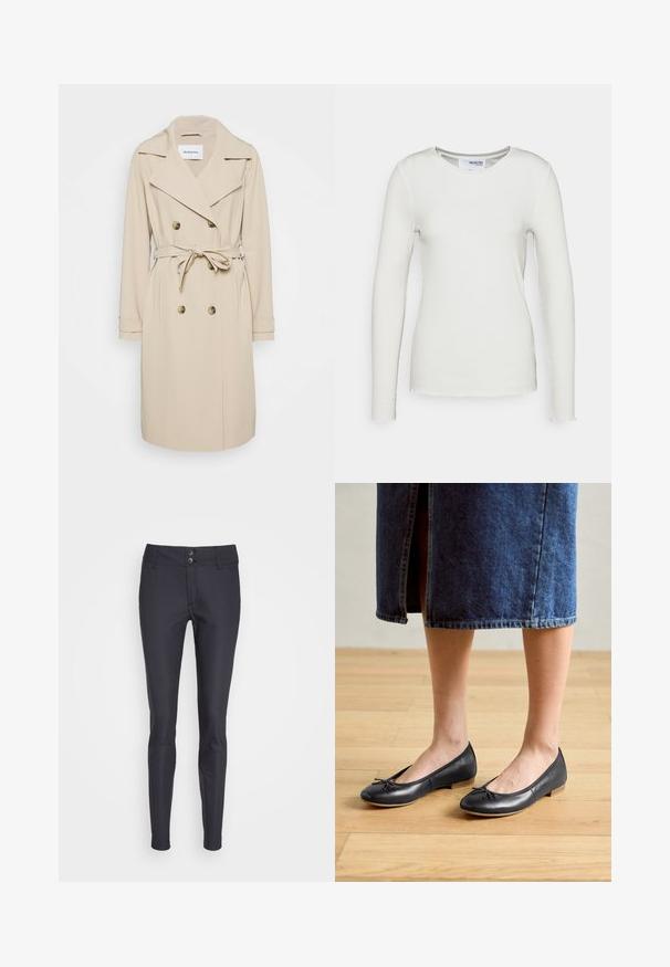 Beige trenchcoat van een gladde stof. Heeft een dubbelzijdige voorkant, brede revers, een ceintuur in de taille en zijzakken.; Witte ribbeltrui met lange mouwen en een ronde halslijn, met ruwe randafwerking en een getailleerde pasvorm. Gemaakt van zachte stof.; Zwarte slimfit broek met een gladde textuur, voorzien van een dubbele knoopsluiting en slanke pijpen, geschikt voor verschillende gelegenheden.; Zwarte leren ballerina's met een ronde neus, een klein strikdetail en een lage houten hak, gedragen met een spijkerrok.