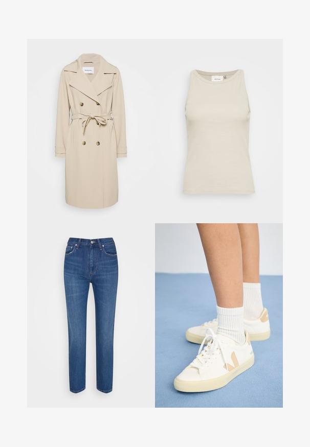 Trench coat beige hecho de una tela suave. Presenta un frente de doble botonadura, solapas anchas, cintura con cinturón y bolsillos laterales.; Top de tanque beige claro hecho de tela acanalada con cuello redondo y diseño sin mangas. Presenta una sutil etiqueta de la marca en el interior.; Vaqueros de mezclilla azul con un diseño de pierna recta, cintura alta, cinco bolsillos, cierre con botón de metal y un desgastado sutil en la tela.; Zapatillas blancas con detalles en marrón, punta redonda y cordones blancos. Llevadas con calcetines blancos de canalé, sobre un fondo azul claro.