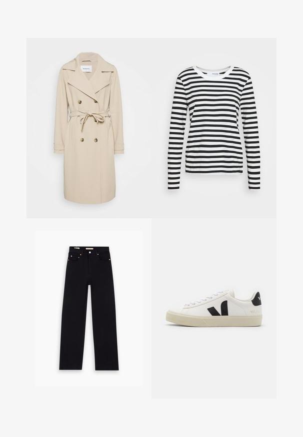 Beige trenchcoat lavet af et glat stof. Har en dobbeltradet front, brede klapper, en bælteomgivet talje og sidelommer.; Stripet langærmet skjorte i sort og hvid med rund halsudskæring og en afslappet pasform. Materiale i bomuld med en glat tekstur.; Sorte denim jeans med lige pasform, fem lommer, kobberdetaljer og en glat tekstur. To mærker synlige på taljebåndet.; Hvide lædersneakers med sort gummiv V-logo. Tekstureret off-white sål, hvide snørebånd og bagside med brandnavn i sort.