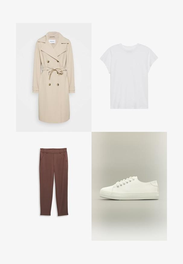 Beige trenchcoat lavet af et glat stof. Har en dobbeltradet front, brede klapper, en bælteomgivet talje og sidelommer.; Hvid kortærmet t-shirt med rund hals, afslappet pasform, lavet af blødt bomuldsstof. Glat tekstur, ingen mønstre eller logoer.; Brune, taperede bukser lavet af blødt stof. Har elastisk talje, bæltestropper og to sidelommer. Glat overflade uden synlige mønstre.; Hvid lavtop sneaker med hvide snørebånd og gummisål vist fra siden på en neutral baggrund.