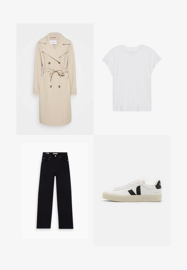 Beige trenchcoat van een gladde stof. Heeft een dubbelzijdige voorkant, brede revers, een ceintuur in de taille en zijzakken.; Witte t-shirt met korte mouwen, ronde hals, relaxte pasvorm, gemaakt van zacht katoen. Glad textuur, geen patronen of logo's.; Zwarte denim jeans met een recht model, vijf zakken, koperen hardware en een gladde textuur. Twee labels zichtbaar op de tailleband.; Witte leren sneaker met zwart rubberen V-logo. Getextureerde off-white zool, witte veters en een achterkant met een detail van de merknaam in het zwart.