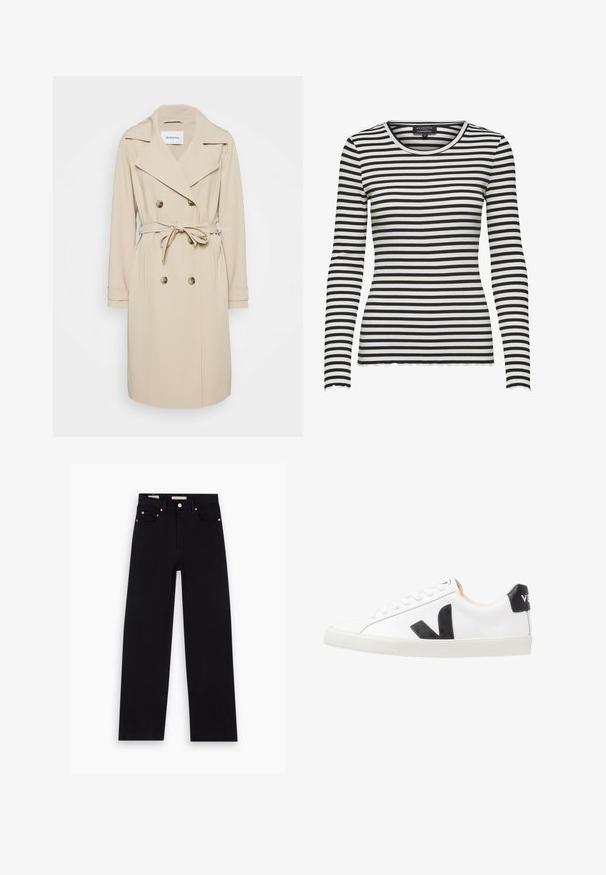 Beige Trenchcoat aus einem glatten Stoff. Verfügt über eine doppelte Knopfleiste, breite Revers, einen taillierten Gürtel und seitliche Taschen.; Schwarz-weiß horizontal gestreiftes, geripptes Langarmshirt mit Rundhalsausschnitt und gewellten Rändern an Ärmeln und Saum.; Schwarze Denim-Jeans mit geradem Schnitt, fünf Taschen, Kupferbeschlägen und einer glatten Textur. Zwei Etiketten sind am Bund sichtbar.; Weißer Sneaker mit einem schwarzen V-Logo, ausgestattet mit einem glatten Lederoberteil, runder Zehenpartie, Schnürverschluss und kontrastierendem schwarzen Fersenbereich.