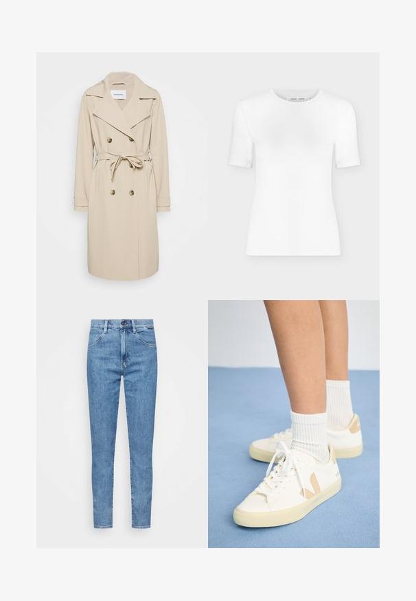Trench coat beige hecho de una tela suave. Presenta un frente de doble botonadura, solapas anchas, cintura con cinturón y bolsillos laterales.; Camiseta blanca de manga corta con cuello redondo, ajuste slim y textura de tejido acanalado, mostrada sobre un fondo liso gris claro.; Jeans skinny de tiro alto en azul claro con botón frontal, pasadores para cinturón y diseño clásico de cinco bolsillos, mostrados sobre fondo blanco.; Zapatillas blancas con detalles en marrón, punta redonda y cordones blancos. Llevadas con calcetines blancos de canalé, sobre un fondo azul claro.