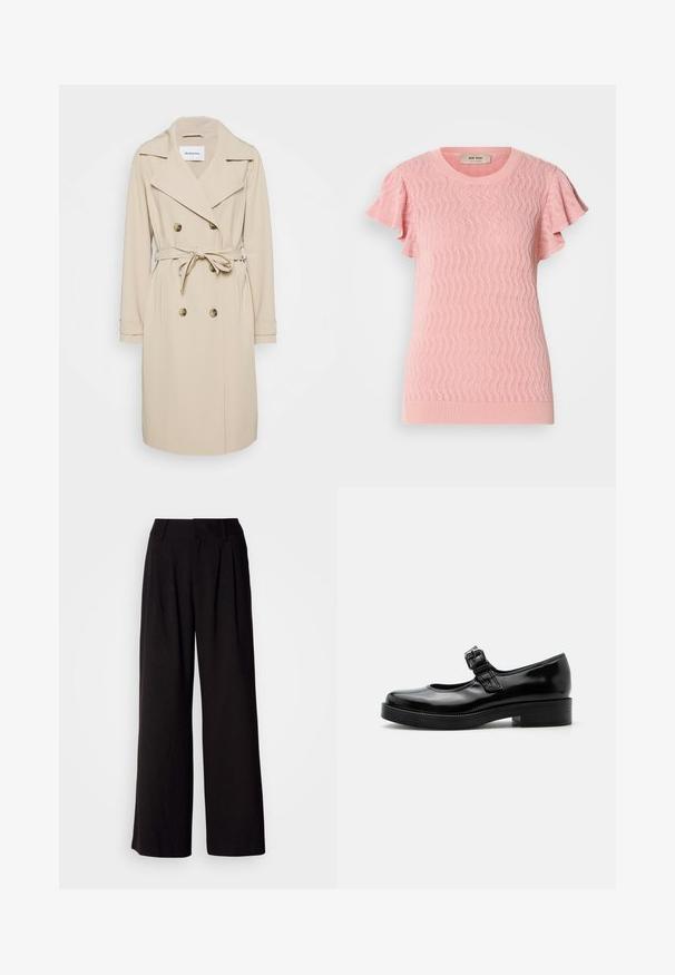 Beige trenchcoat van een gladde stof. Heeft een dubbelzijdige voorkant, brede revers, een ceintuur in de taille en zijzakken.; Roze gebreide trui met korte mouwen, voorzien van een textuurpatroon in golven, een geribbelde ronde hals en gerimpelde mouwaccenten. Lichtgewicht en aansluitend.; Zwarte wijde broek van soepel stof, met plooien aan de voorkant, een aansluitende tailleband en zonder zichtbare patronen of accenten.; Zwarte lakleren Mary Jane-schoen met een ronde neus, lage blokhak en een verstelbare gespsluiting over de wreef.