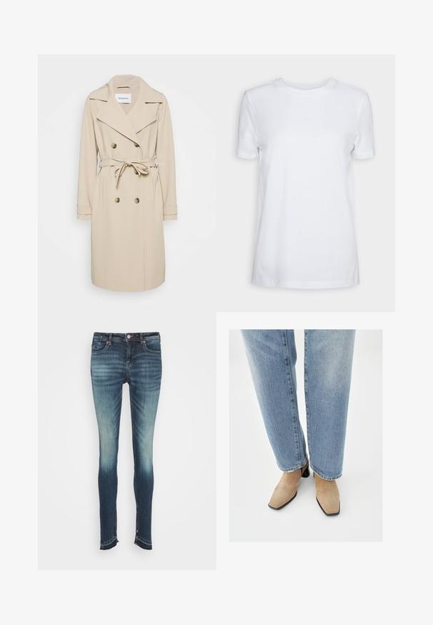 Beige trenchcoat lavet af et glat stof. Har en dobbeltradet front, brede klapper, en bælteomgivet talje og sidelommer.; Simpel hvid T-shirt med korte ærmer og rund hals, normal pasform og et lille indvendigt mærke på nakken med teksten "SELECTED FEMME."; Scotch & Soda SEASONAL ESSENTIALS BOHEMIENNE - Jeans Skinny Fit - reunited; Beige ruskindsankelstøvler med spids tå og lav sort blokhæl, båret med lyseblå bukser med lige ben.