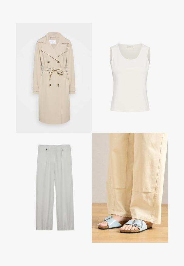 Beige trenchcoat van een gladde stof. Heeft een dubbelzijdige voorkant, brede revers, een ceintuur in de taille en zijzakken.; Kaffe KAARINA JERSEY - Top - chalk; Lichtgrijze, wijde pantalon gemaakt van een zachte stof. Heeft twee voorplooien, twee knoopsluitingen en een gladde textuur.; Lichtblauwe schuursandalen met een brede band en een zilveren gesp, met een getextureerde kurken voetbed en een zwarte rubberen zool.