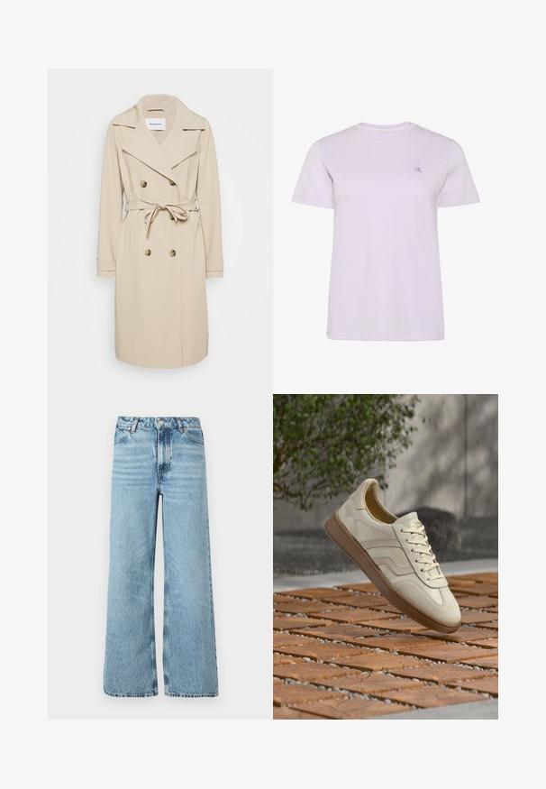 Beige trenchcoat van een gladde stof. Heeft een dubbelzijdige voorkant, brede revers, een ceintuur in de taille en zijzakken.; Lichtpaars T-shirt met korte mouwen en een ronde hals, met een klein geborduurd "cK"-logo op de linkerborst, getoond tegen een witte achtergrond.; Lichtblauwe wijdlopende jeans van denim, met een hoge taille, vijf-pocket ontwerp en contrasterende stiksels langs de naden.; Sneaker in roomkleur met een gestructureerde beige rubberen zool, vetersluiting en subtiele merkdetails aan de zijkant. Bovenwerk van glad leer.