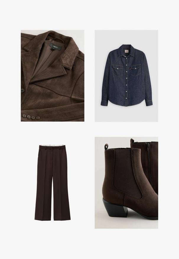 Veste en daim marron avec un col à revers, fermeture à un bouton et doublure lisse. Comprend cinq accents de boutons sur le devant.; Chemise en denim bleu foncé à manches longues, avec un devant à boutons, deux poches poitrine avec rabats et des coutures jaunes contrastantes.; Pantalons à jambe large en tissu brun foncé, dotés d'une taille haute, de plis doubles et de poches latérales. Texture lisse avec passants de ceinture.; Bottines en suède marron avec des panneaux élastiques sur les côtés, une texture vieillie et un talon noir empilé. Elles comprennent une fermeture éclair pour un enfilage facile.