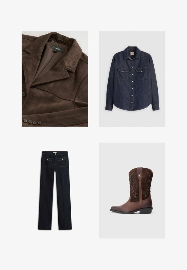Veste en daim marron avec un col à revers, fermeture à un bouton et doublure lisse. Comprend cinq accents de boutons sur le devant.; Chemise en denim bleu foncé à manches longues, avec un devant à boutons, deux poches poitrine avec rabats et des coutures jaunes contrastantes.; Jean en denim bleu foncé avec une coupe droite, comprenant deux poches avant et des surpiqûres apparentes. Aucun signe d'usure visible.; Botte de cow-boy en cuir marron avec un dessus en daim texturé, des coutures blanches détaillées, un bout pointu et un talon bas carré.