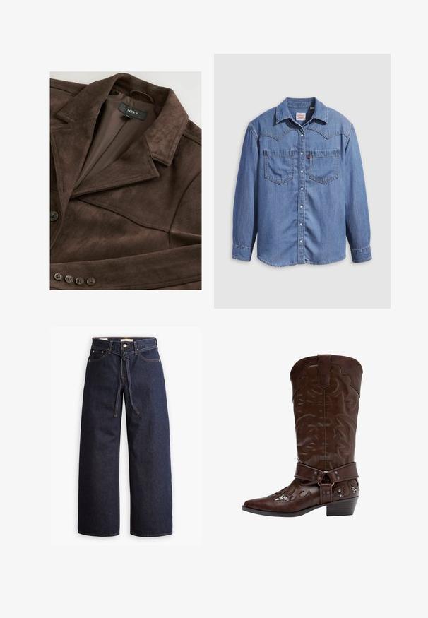 Veste en daim marron avec un col à revers, fermeture à un bouton et doublure lisse. Comprend cinq accents de boutons sur le devant.; Chemise en denim bleu clair avec un col pointu, deux poches poitrine et des boutons-pression. Présente une coupe western avec un empiècement à l'épaule.; Jeans en denim bleu foncé à jambes larges, avec une taille haute, dotés d'un lien à cordon, de cinq poches et de détails de couture contrastants.; Botte de cow-boy en cuir marron avec coutures décoratives, sangle à boucles, et talon bas empilé, présentée en profil latéral sur fond blanc.