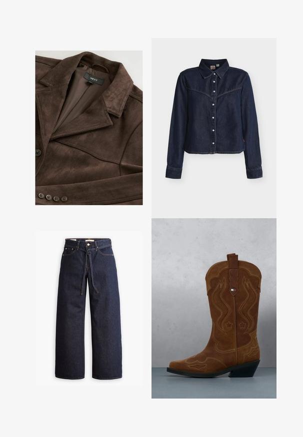 Veste en daim marron avec un col à revers, fermeture à un bouton et doublure lisse. Comprend cinq accents de boutons sur le devant.; Chemise à manches longues en denim bleu foncé avec boutons pression, empiècement style western, col pointu et ourlet droit sur fond blanc.; Jeans en denim bleu foncé à jambes larges, avec une taille haute, dotés d'un lien à cordon, de cinq poches et de détails de couture contrastants.; Botte de cowboy en daim marron avec des coutures décoratives et un emblème de drapeau sur la tige, posée sur un sol en lattes de bois à l'extérieur.