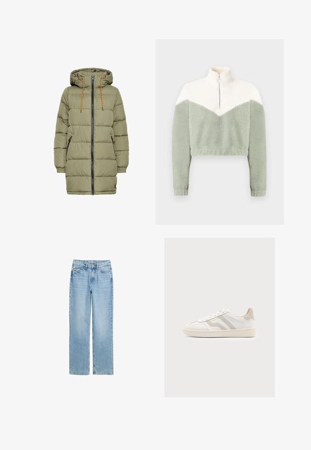 Olivgrüne gepolsterte Jacke mit Kapuze, schwarzem Reißverschluss und orangen Kordelzugdetails. Verfügt über zwei Seitentaschen und elastische Bündchen.; Gekürzte Fleecejacke mit halbhohem Reißverschlusskragen in Creme- und Hellgrüntönen, mit Chevron-Design und weichem, strukturiertem Stoff.; Helle blaue gerade geschnittene Denim-Jeans mit Vorderknopf und Fünf-Taschen-Design, auf einem weißen Hintergrund präsentiert.; Weißer Sneaker mit niedrigem Schaft und beigen Velours-Akzenten, Schnürverschluss, strukturierter Sohle und GANT-Logo an der Seite.