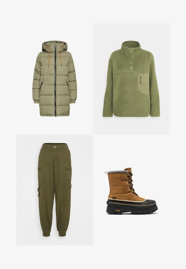 Olivenfarvet polstret jakke med hætte, sort lynlås og orange snoredetaljer. Har to sidelommer og elastiske ærmer.; Olivengrøn fleece pullover med høj krave, tre knapper og en lynlåslomme på brystet. Blød tekstur med kontrastsyede detaljer.; Olivengrønne cargo bukser med elastisk talje, tætsiddende manchetter og flere sidelommer. Fremstillet af slidstærkt stof med en blød tekstur.; Tan læderstøvle med en grå filtkant, sort gummibase, synlig snøring og Vibram-logo ved hælen. Indeholder vandtætte materialer.