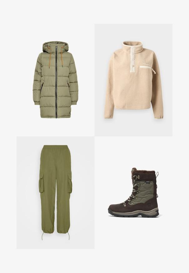 Olivenfarvet polstret jakke med hætte, sort lynlås og orange snoredetaljer. Har to sidelommer og elastiske ærmer.; Beige fleecepullover med ståkrave, tre trykknapper og lynlåslomme på brystet med hvid kant.; Olivengrønne cargo-bukser med elastisk talje, to side cargo-lommer og snoretræk ved bæren. Lavet af let, tekstureret stof.; Brune og khaki vandtætte støvler med ruskind og quiltet stof, metaløjer til snørebånd, pelsfor og en tekstureret gummisål.