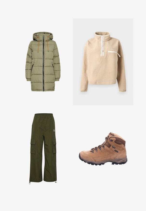 Olivenfarvet polstret jakke med hætte, sort lynlås og orange snoredetaljer. Har to sidelommer og elastiske ærmer.; Beige fleecepullover med ståkrave, tre trykknapper og lynlåslomme på brystet med hvid kant.; TheJoggConcept JCFIA - Cargobukser - rifle green; Tan vandrestøvle lavet af ruskind og syntetisk materiale med høj ankel, snørebånd foran og gummisål med dybe såler for godt greb.