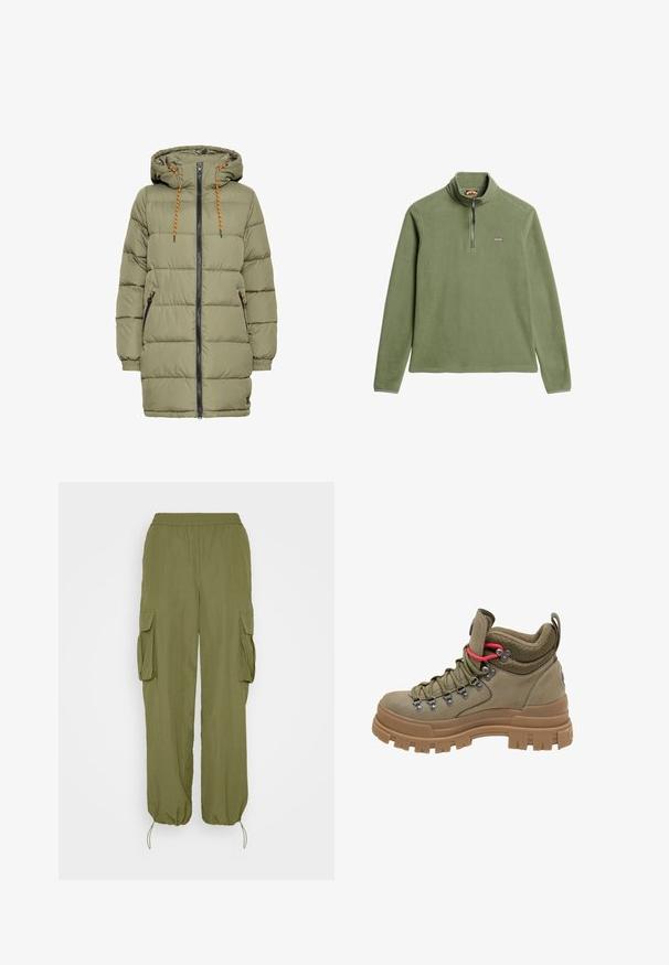 Olivenfarvet polstret jakke med hætte, sort lynlås og orange snoredetaljer. Har to sidelommer og elastiske ærmer.; Fleece pullover i olivengrøn, halv-zip design med en mock krave, prydet med et lille logo på brystet og en blød tekstur.; Olivengrønne cargo-bukser med elastisk talje, to side cargo-lommer og snoretræk ved bæren. Lavet af let, tekstureret stof.; Vandre støvle med højt skaft i olivengrøn med tyk brun gummisål, mesh-polstret krave, metaløjer og rød accent snøreløkke.