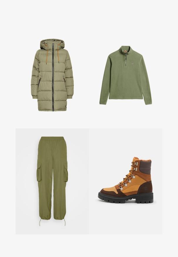 Chaqueta acolchada verde oliva con capucha, cremallera negra y detalles de cordón naranja. Cuenta con dos bolsillos laterales y puños elásticos.; Sudadera de forro polar en verde oliva, diseño de media cremallera con cuello tipo mock, que presenta un pequeño logo en el pecho y una textura suave.; Pantalones cargo verde oliva con cintura elástica, dos bolsillos laterales cargo y puños ajustables con cordón. Hechos de una tela ligera y texturizada.; Timberland CORTINA VALLEY - Botines con cordones - wheat