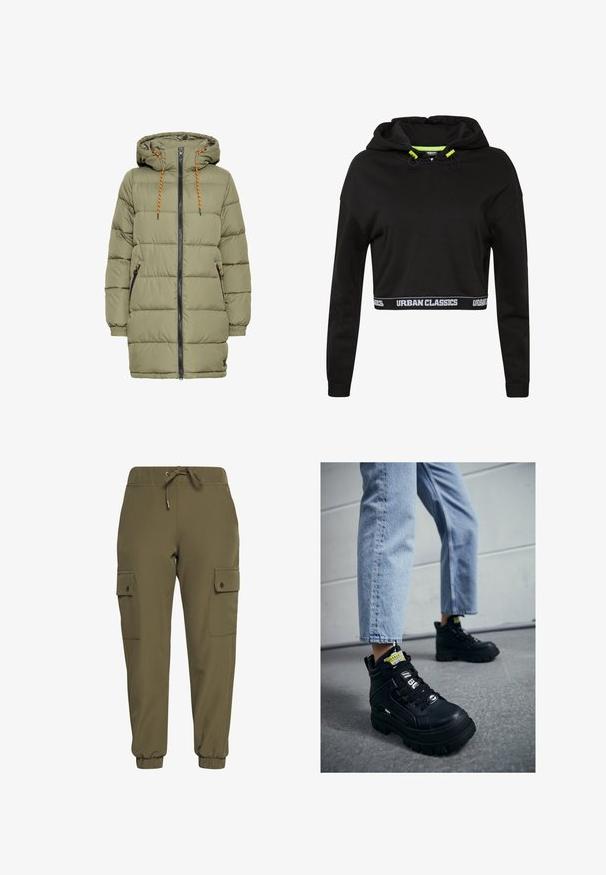 Olivenfarvet polstret jakke med hætte, sort lynlås og orange snoredetaljer. Har to sidelommer og elastiske ærmer.; Sort cropped hoodie lavet af blødt stof, med snoretræk i hætten med grønne detaljer og et hvidt logo bånd langs kanten.; ONLY ONLGLOWING CARGO PANTS - Cargobukser - kalamata; Sorte højtop sneakers med en chunky sål, med snørebåndsdesign, logo accenter og gule tags. Worn med lyseblå cropped jeans.