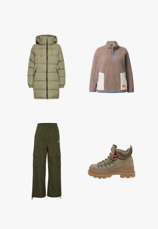 Olivenfarvet polstret jakke med hætte, sort lynlås og orange snoredetaljer. Har to sidelommer og elastiske ærmer.; Taupe fleece-pullover med halvlukket blå lynlås og creme-farvede kontrastlommer med lynlås og en orange applikation.; TheJoggConcept JCFIA - Cargobukser - rifle green; Vandre støvle med højt skaft i olivengrøn med tyk brun gummisål, mesh-polstret krave, metaløjer og rød accent snøreløkke.