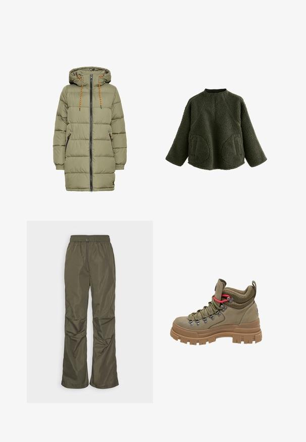 Olijfgroen gewatteerde jas met een capuchon, zwarte rits en oranje trekkoorddetails. Heeft twee zijzakken en elastische manchetten.; Olijfgroen fleece pullover met een hoge kraag, een kwart rits en twee afgeronde voorzakken. Gestructureerd oppervlak en raglanmouwen.; Even&Odd Broek - khaki; Hoge wandelboot in olijfgroen met dikke bruine rubberen zool, mesh gevoerde kraag, metalen veteroogjes en rode accent veterlus.