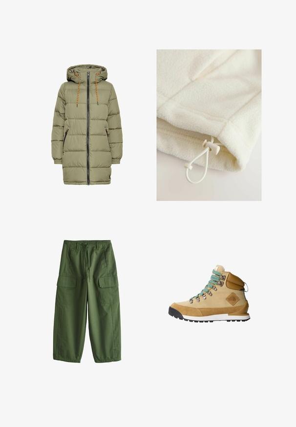 Olijfgroen gewatteerde jas met een capuchon, zwarte rits en oranje trekkoorddetails. Heeft twee zijzakken en elastische manchetten.; Fleece kledingstuk in off-white met een zachte textuur, voorzien van een touwtje met schuifknop voor verstelbaarheid aan de zoom.; Olijfgroene cargobroek met een trekkoord in de taille, riemlussen, zijzakken met klep en wijde pijpen.; Tan wandelschoen met een bovenwerk van suede en canvas, turquoise veters, een gevoerde kraag en een zwarte rubberen zool met een geprofileerd grippatroon.